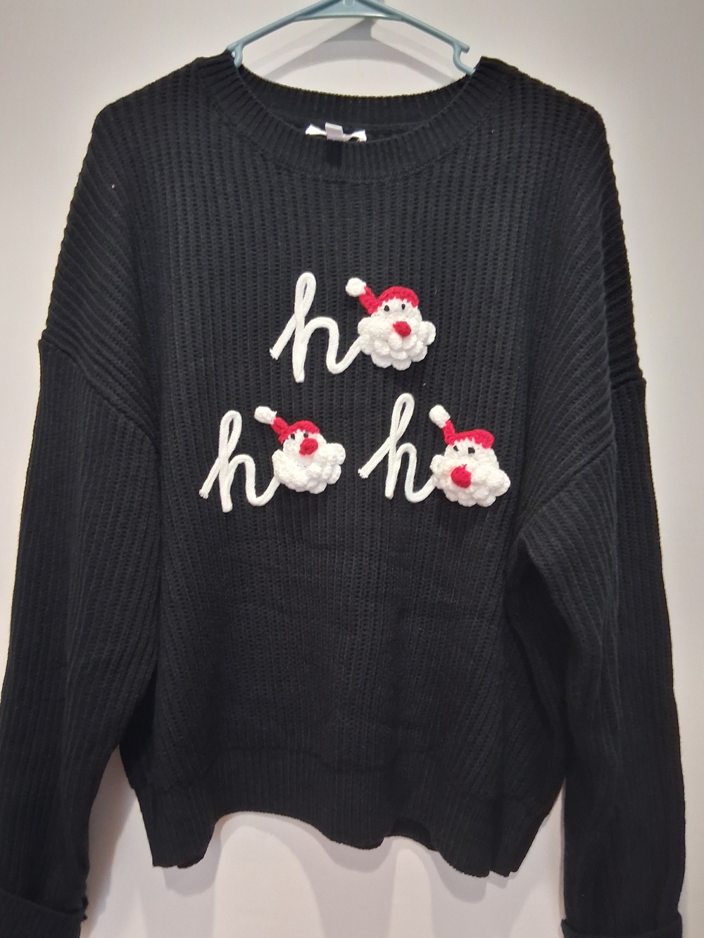 Festive Black Crewneck Sweater with 'Ho Ho Ho' Santa Accents